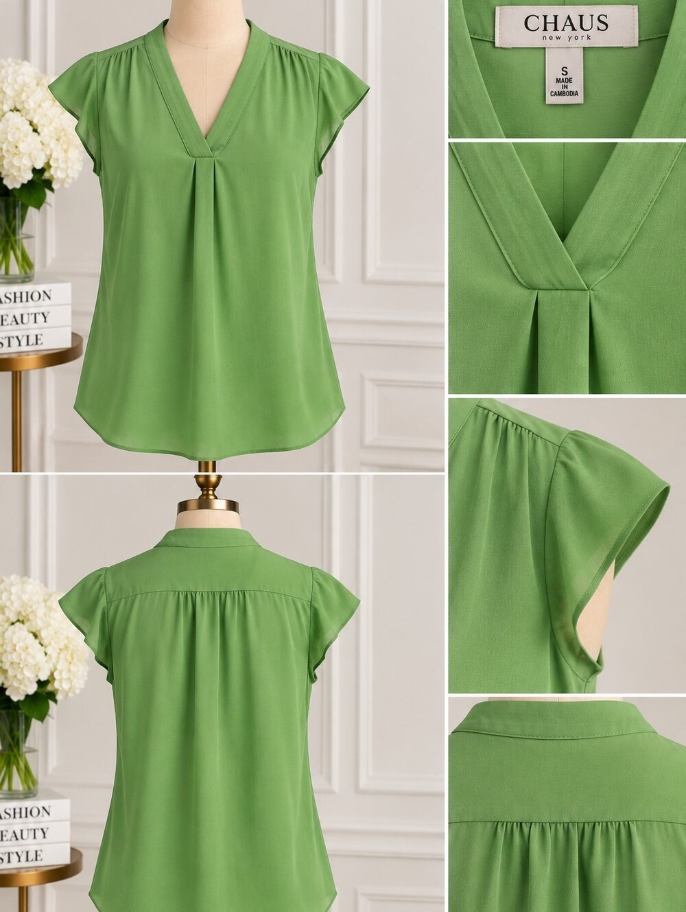 Chaus Green V-Neck Flutter Sleeve Blouse